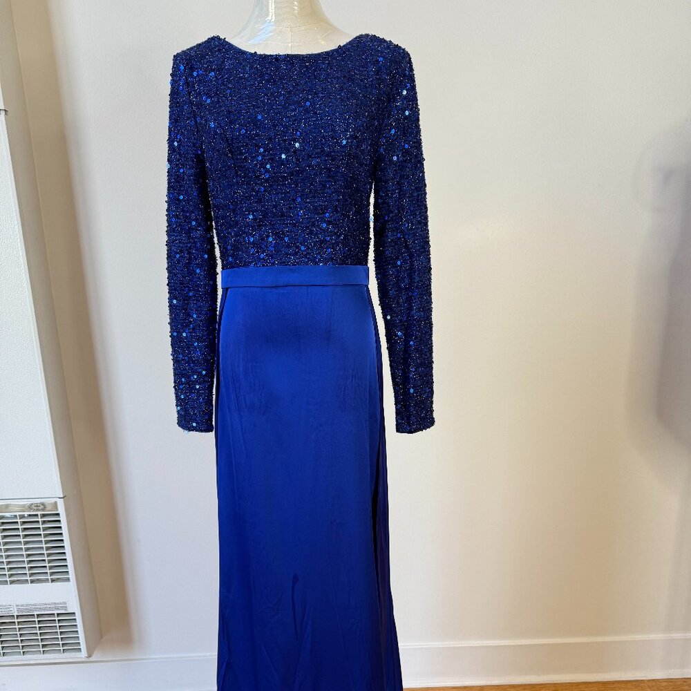 Formal Sequins Long Sleeve with Satin Bottom Gown Dress w/train, Small